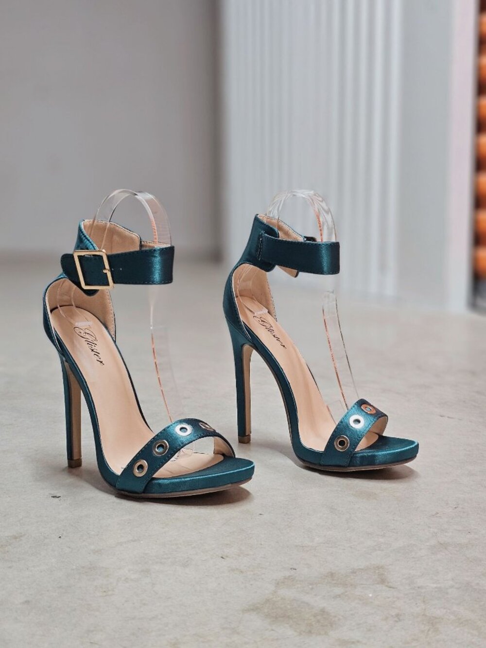 Teal Satin High Heel Sandals With Ankle Strap & Grommet Detail Womens - Picture 13 of 13